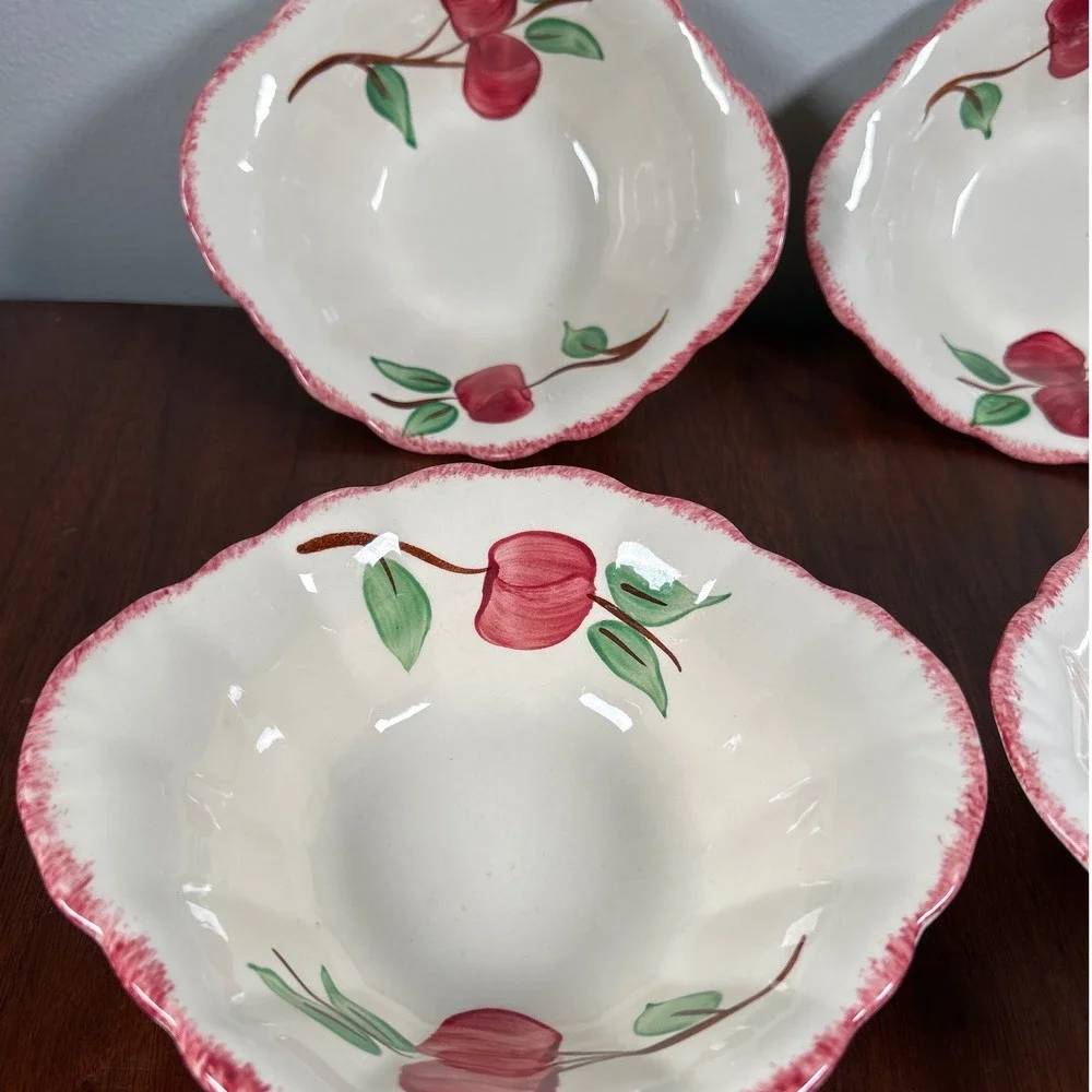 Blue Ridge Southern Potteries Red Apple Scalloped Bowls Hand Painted Set of 4